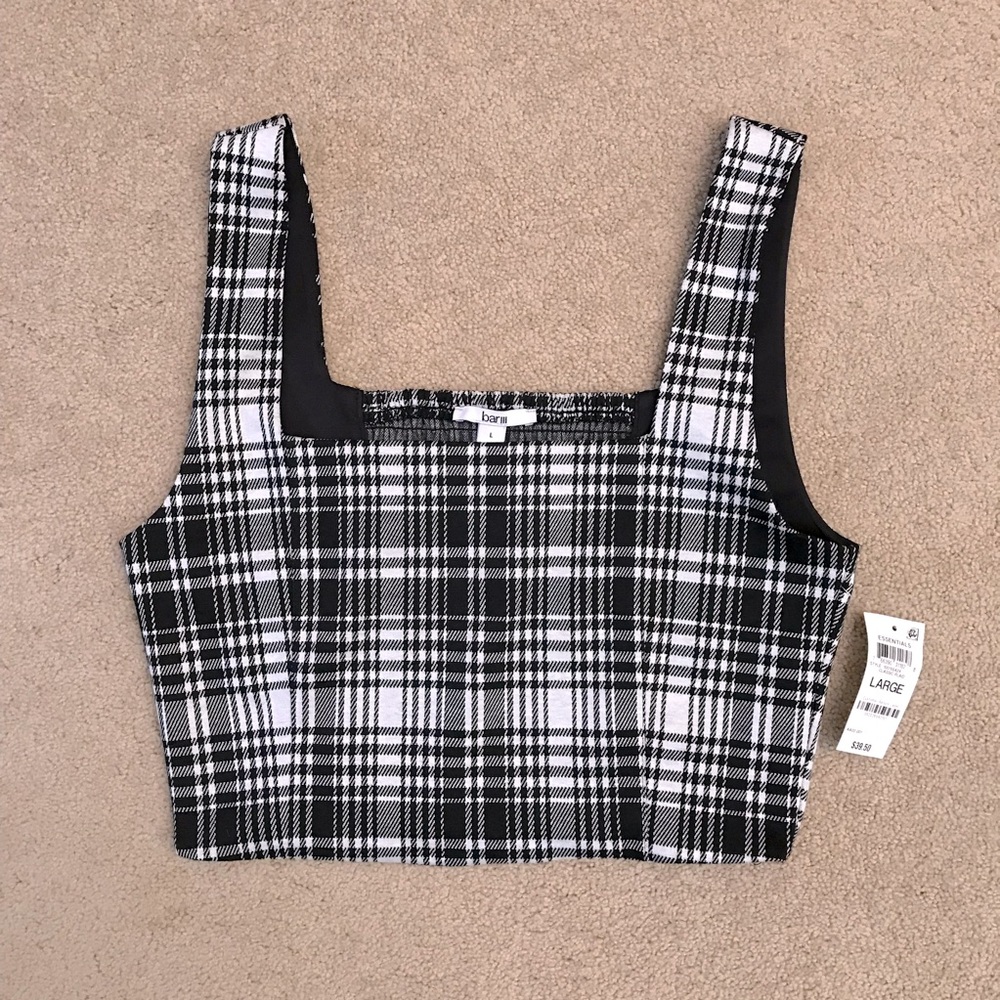 Bar III Cropped Tank Top NEW Size Large Black White Plaid Macys Festival Gift